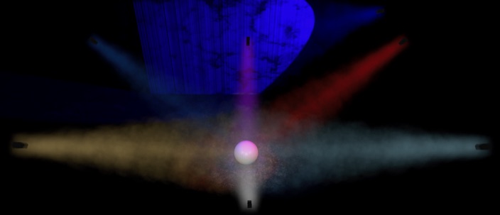 A Light Lab render: a white sphere on a dark stage lit from several angles at once, the colored beams picked out in haze against the cyclorama.