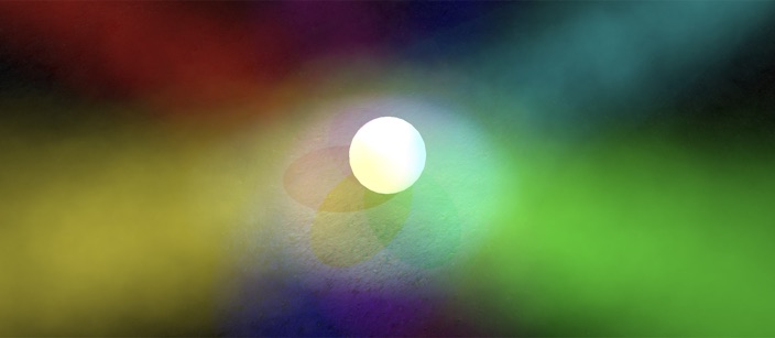 A Light Lab render: a white sphere lit from above against a cyclorama washed in red, yellow, green, blue, and magenta, with the beams visible in haze.
