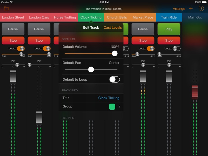 The Edit Track popover open over the Clock Ticking channel, setting its default volume, its default pan, whether it loops by default, its title, and the color of the group it belongs to.