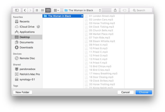 A macOS open panel in column view showing a folder named The Woman in Black holding numbered MP3 cues — London Street, London Cars, Horse Trotting, and so on — with a Choose button.