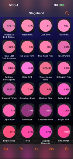 Stagehand showing every book at once, sorted by hue: a grid of pink and magenta swatches, each labeled with its number and name.