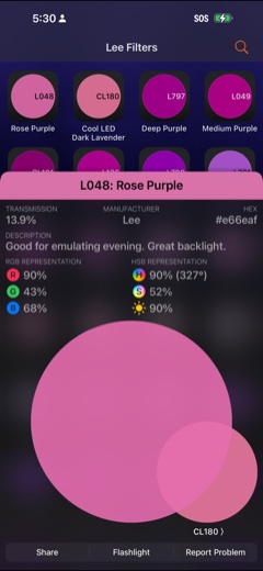 Lee 048 Rose Purple opened in Stagehand, listing its transmission, manufacturer, hex value, description, and RGB and HSB breakdowns above the gel itself.